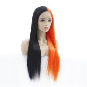 Blanda färgad lång rak full syntetisk spetsfront peruker simulering mänskligt hår wig parrucche piene di capelli humani