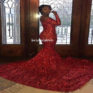 Black Girls Sparkle Sequined Prom Dresses Red Aso Ebi 2022 Sexy Off The Shoulder Mermaid Evening Dress Glitter Formal Party Dress With Train Plus Size Robes De Soirée