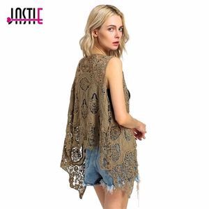 Jastie Hippie Froral Patch Design Weste Retro Vintage Häkelarbeit Sommer Strand Cover Up Top Asymmetrischer offener Stich Kimono Cardigain 201031