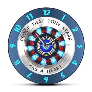 Proof That Tony Stark Has A Heart Arc Reactor Print Acrylic Clock Superhero Style Hanging Wall Watch Movie Fans Home Decor 201212