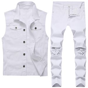 Completo da uomo bianco a due pezzi Tute alla moda Gilet di jeans con risvolto sfilacciato sottile + Pantaloni skinny strappati Set di jeans da uomo autunno-estate primavera-estate