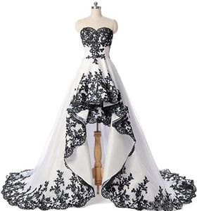 Gothic Black and White A-Line Wedding Dress with Sweetheart Neckline and High-Low Hem, Lace Appliqued Robe de Mariee, Vintage Short Front Long Back Garden Bride Dress, Plus Size