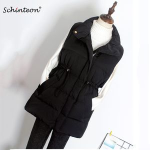 Schinteon Kvinnor Light Down Vest Casual Slim Waistcoat 90% Vit Duck Down Gilet med justerbar bälte Stand Collar New 201103