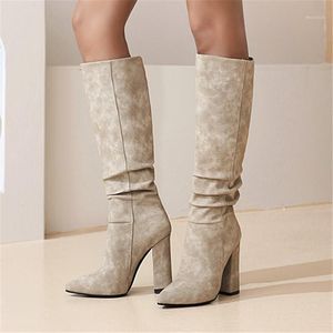 Winter Knee High Boots Women Pleated Spike Heels Long Boots Pointed Toe Super High Heel Shoes Ladies Fall Red Size 34-431