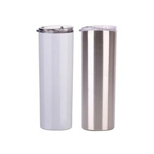 Partihandel 20oz Blank Vit Sublimering Vattenflaska Skinny Tumbler Dubbelmur Isolerat Vakuum 304 Rostfritt Stål Kaffe Kopp med Plast Straw