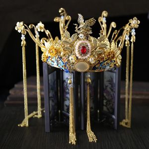 Großhandel Chinesische Braut Braut Hochzeit Haarschmuck Sets China Gold Phoenix Blume Tiaras Krone mit Quasten baumeln Ohrringe