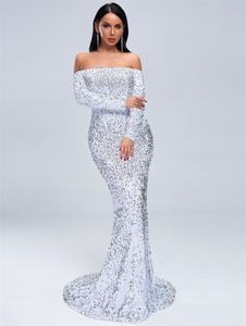 4 color Sequin Evening Maxi Dress Party Dress Sexy Off the Shoulder Long Sleeve Women Bodycon Dress marry 011907