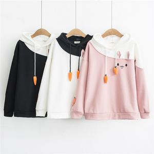 Merry Pretty Women Hoodies Animal Lovely Pullover Kawaii Rabbit Sweatshirt Cute Bunny Graphic OuterWear Pink Black Hoodie Girls 200924