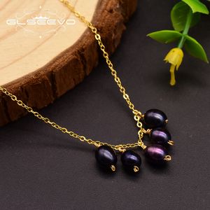 Gloseevo Naturalna świeża woda Purple Pearl 925 Sterling Silver Łańcuch Naszyjnik Dla Kobiet Ślub Pandant Fine Jewellery GN0108 Q0531