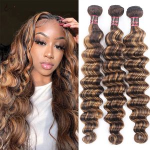 ingrosso Ombre Remy Estensioni Dei Capelli Umani-Highlight Ley Deep Hair Human Honey Brown Weave Ombre Threaiding Wave Bundles Brasiliano P4 Miele Blonde Remy Extensions