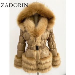 Zadorin vinter varm avtagbar down jacka kvinnor päls faux päls krage vit kappa med huva 201102