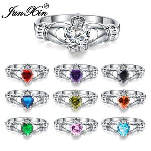 Wedding Rings JUNXIN Luxury Female Heart Ring Claddagh White Gold Filled Jewelry Fashion For Women Birth Stone Gifts