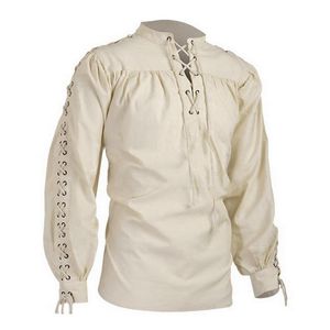 Mäns Casual Shirts Mjartoria Mens Blus medeltida piratskjorta Viking Renaissance Lace Up Halloween Mercenary Scottish Jacobite Ghillie Top