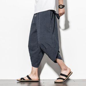 Women Linen Pants toptan satış-Erkek Pantolon Baggy Pamuk Keten Harem Erkekler Yaz Japon Vintage Çizgili Kadın Hip Hop Artı Boyutu Geniş Bacak Pantalon