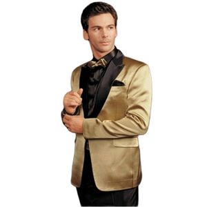 Shiny Gold Satin Jacket z czarnym szczytem Lapel Groom Tuxedos Man Blawer Wedding Business Clothing Bal Sukienka Garnitury (kurtka + spodnie + paski + muszka) AA869