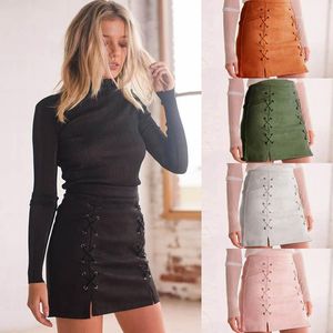 Skirts Wholesale- Women Leather Suede Pencil Skirt Black Mini 2021 Summer High Waist Short Bodycon Lace Up Sexy Split DP9392251