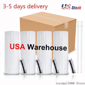 ABD Stock 25cs/Karton Süblimasyon Boşlukları Düz ​​bardak 20 oz paslanmaz çelik çift duvar yalıtılmış ince su su bardağı kapağı ve saman sxm10