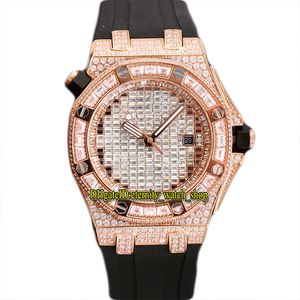 TWF B15452 Paved Diamonds Japan Miyota Automatic Mens Watch Full Iced Out Gypsophila Square cut Diamond Dial Rose Gold Case SS15500 Rubber Strap eternity Watches