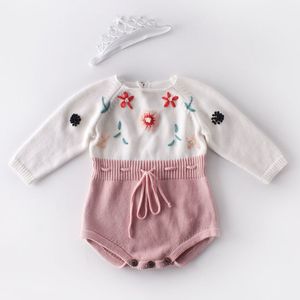Bebek Kız Tulum Giysileri Bodysuit Uzun Kollu Nakış Örgü Sonbahar Kış Bebek 0-2YRS 210429