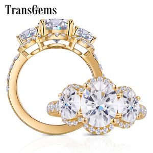 Transgems 14k 585 Yellow Gold 3 Stone Engagement Ring Center 3CT 8*10mm Oval Fgh Color Halo Engagement Ring for Women Y200620