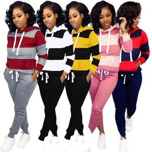 Two Piece Sets Winter Striped Printing Casual Hoodies High Waist Lace Up Sweatpants Tracksuits Outfits Wholesale