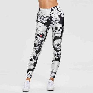 Kvinnor Skull Print Sport Leggings Yoga Pants Workout Fitness Clothing Jogging Running Pants Gym Tights Stretch Sportwear Leggins H1221