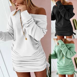 Kvinnors hoodies tröjor Kvinnor Rund hals långärmad dragkammare rem fast klänning pullover rak slips sexig bekväm casual t-shirt