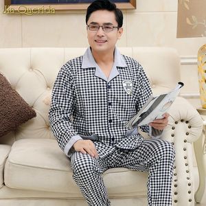 Pigiama Uomo Pigiama cinese Button Cardigan Manica lunga da notte Plaid Risvolto Home Abbigliamento 100% cotone Plus Size Uomo Big Set LJ201112
