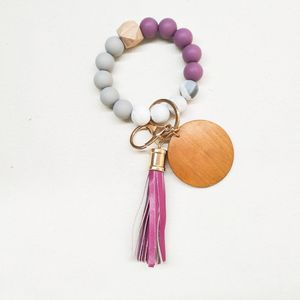 2022 new Foreign trade food grade silicone beads wrist keychain PU leather tassel key ring female multi-color optional