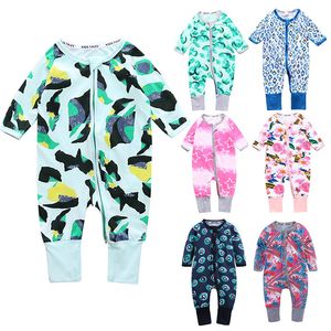 Baby rompers långa ärmar dubbel dragkedja bodysuit jumpsuit bomull print nyfödda pojkar och flickor spädbarn jumpsuits casual kläder m3999