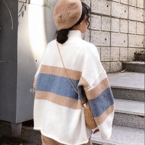 new high neck thick sweater women autumn winter Korean style loose striped knitted blouse turtleneck tops 201130