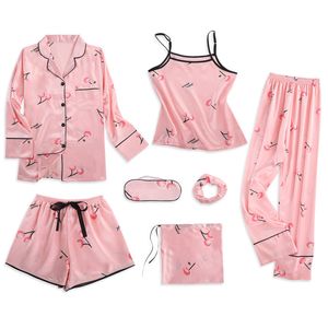 Pigiama da notte da donna Pigiama da donna 7 pezzi Set pigiama rosa Raso di seta Lingerie Homewear Pigiama da notte Set Pigiama per donna Y200708