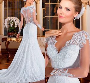 Europa Mermaid Bröllopsklänning 2022 Ny Vestidos de Noiva Beading Broderi Illusion Långärmad Snörning Bridal Gown Robe de Marie