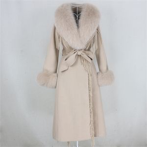 OFTBUY X-long Tassel Cashmere Wool Blends Real Fur Coat Belt Winter Jacket Women Natural Fox Fur Collar Cuffs Streetwear 201215