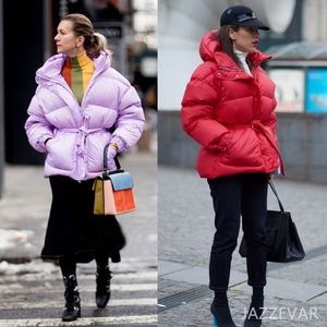 Jazzevar 겨울 새로운 패션 스트리트 디자이너 브랜드 여성 화이트 오리 다운 재킷 예쁜 여자 겉옷 코트 벨트 201103