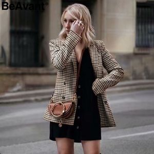 BeAvant Double breasted curto xadrez mulheres blazer manga comprida bolso tweed senhoras blazer jaqueta de inverno terno de escritório feminino T200319