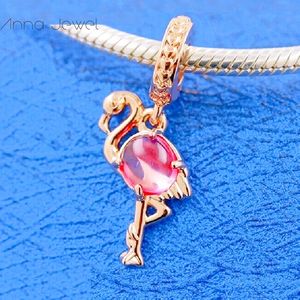 Аутентичные Pandora Rose Gold Clarms Pink Murano Glass Flamingo Hangle Charm Fits Fits Europe Style Beads для браслета изготовления ювелирных изделий 789431C01