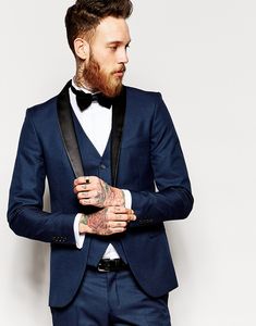 Yeni Varış Groomsmen Donanma Mavi Damat Smokin Tepe Siyah Yaka Erkekler Düğün Takım Elbise / Balo / Akşam Yemeği Best Adam Blazer (Ceket + Pantolon + Kravat + Yelek) G13