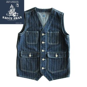 Saucezhan vintage listrado denim waistcoat homens caber terno homens colete com 201106