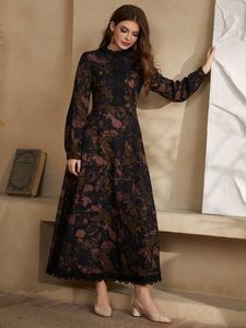 Leaf Print Contrast Lace Scallop Hem Mock Neck Dress SHE