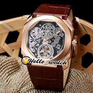 Ny Octo Finissimo Tourbillon 102719 102946 Skelettuppringning Automatisk Mens Watch Rose Gold Case Brown Leather Strap Klockor Bvhl Hello_Watch