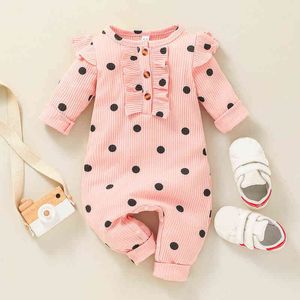 Rosa Polka Dot Baby Girl Romper Långärmad Vår Höstkläder Bomull Baby Jumpsuit 0-2 År Mode Baby Romper G220223
