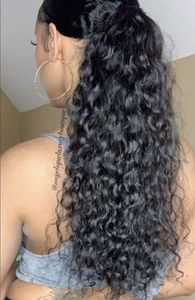 Beautiful women wearing Luxury raw cambodian deep curly ponytail human hair extension natural curly drawstring pony tail hairpiece 140g 1b