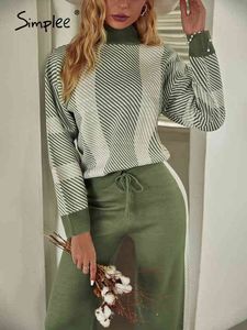 Green color block stripes two piece sweater set Causal soft lace up pullover pant set Elegant autumn fashion tracksuits 220105