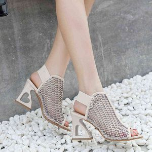 Sandalen Frauen Mode Fisch Mund High Heels Sexy Mesh Liebe Form Chunky Heeled Sandalen Dame Schuhe 220307