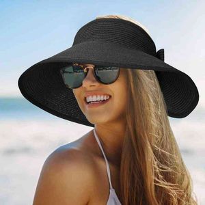 Kvinnor Sommar Visorer Hatt Fällbar Sun Cap Breda Stora Brim Beach Straw Hattar Chapeau Lady Beach UV Protection Caps G220301