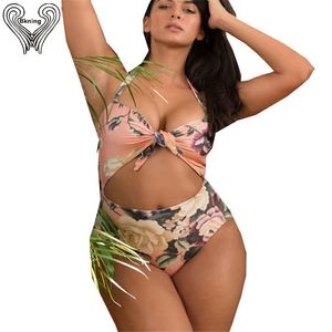 L-XXXL Plus Size Costume da bagno Push Up Costume da bagno intero Nodo Cravatta anteriore Costumi da bagno Donna 2019 Sexy Badpak Fused May Cut Out Monokini T200708