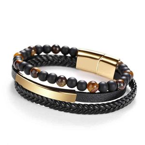 New Hot Natural Volcanic Stone Leather Bracelet black agate Beads Bracelet Multi-layer Wrap Magnetic Clasp Men Bracelet