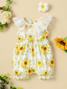 Baby Floral Print Embroidery Mesh Ruffle Trim Romper SHE