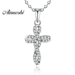 Wholesale silver diamond cross pendant resale online - AINUOSHI Luxury Sterling Silver Pendant Necklace for Women Twisted Cross Lady Long Chain Necklace Wedding Silver Jewelry Y200107